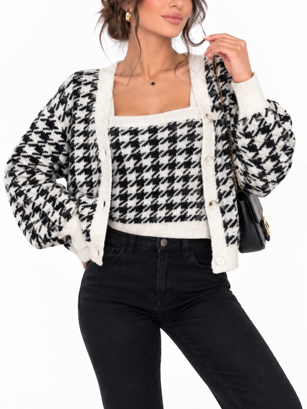 Chic Black and White Houndstooth Sweater cardiganan with tank top size XS new